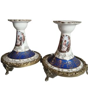 La Chateau French Faience  2 Candlestick Holders Hand Painted Porcelain Gilt